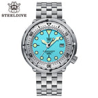 Steeldive SD1986 tuna watch aqua dial steel bracelet variant, studio front shot