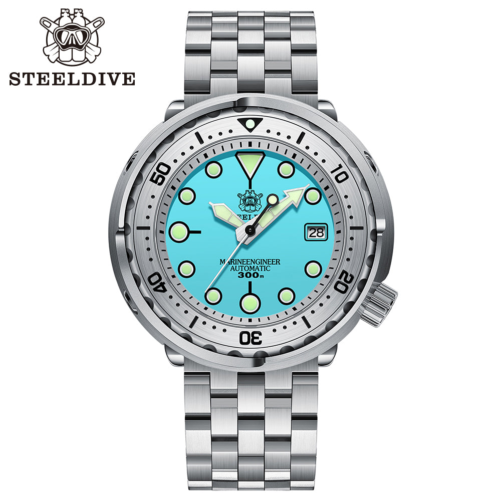 Steeldive SD1986 tuna watch aqua dial steel bracelet variant, studio front shot