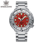 Steeldive SD1986 tuna dive watch with red dial and steel bracelet, front studio view