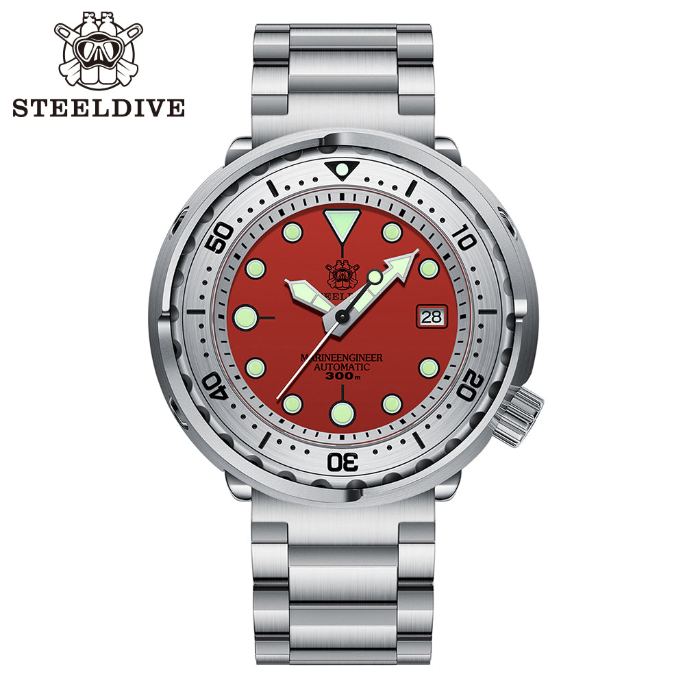 Steeldive SD1986 tuna dive watch with red dial and steel bracelet, front studio view