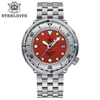 Steeldive SD1986 tuna watch red dial steel bracelet variant, clean studio shot