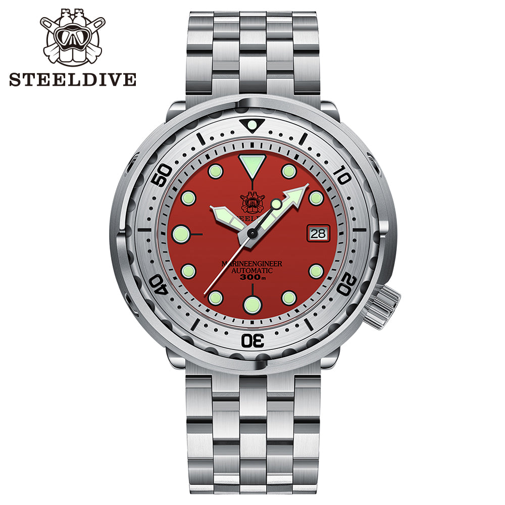 Steeldive SD1986 tuna watch red dial steel bracelet variant, clean studio shot