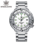 Steeldive SD1986 tuna dive watch with white dial and steel bracelet, front studio view