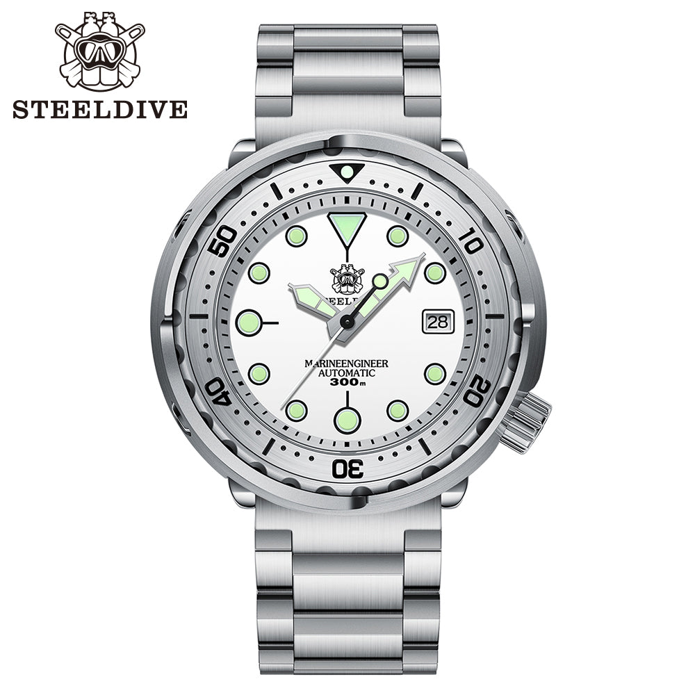 Steeldive SD1986 tuna dive watch with white dial and steel bracelet, front studio view