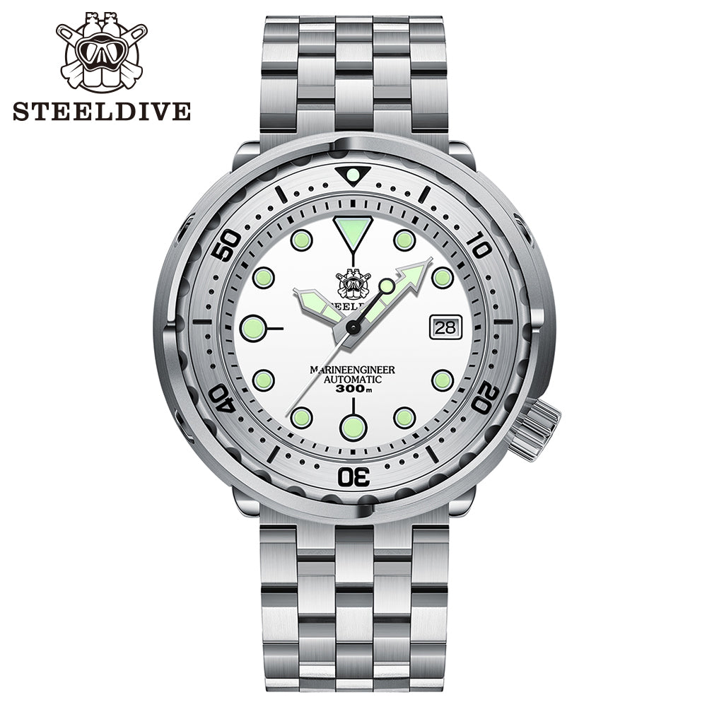 Steeldive SD1986 tuna watch white dial steel bracelet variant, studio front shot