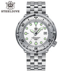 Steeldive SD1986 tuna watch white dial steel bracelet variant, studio front shot