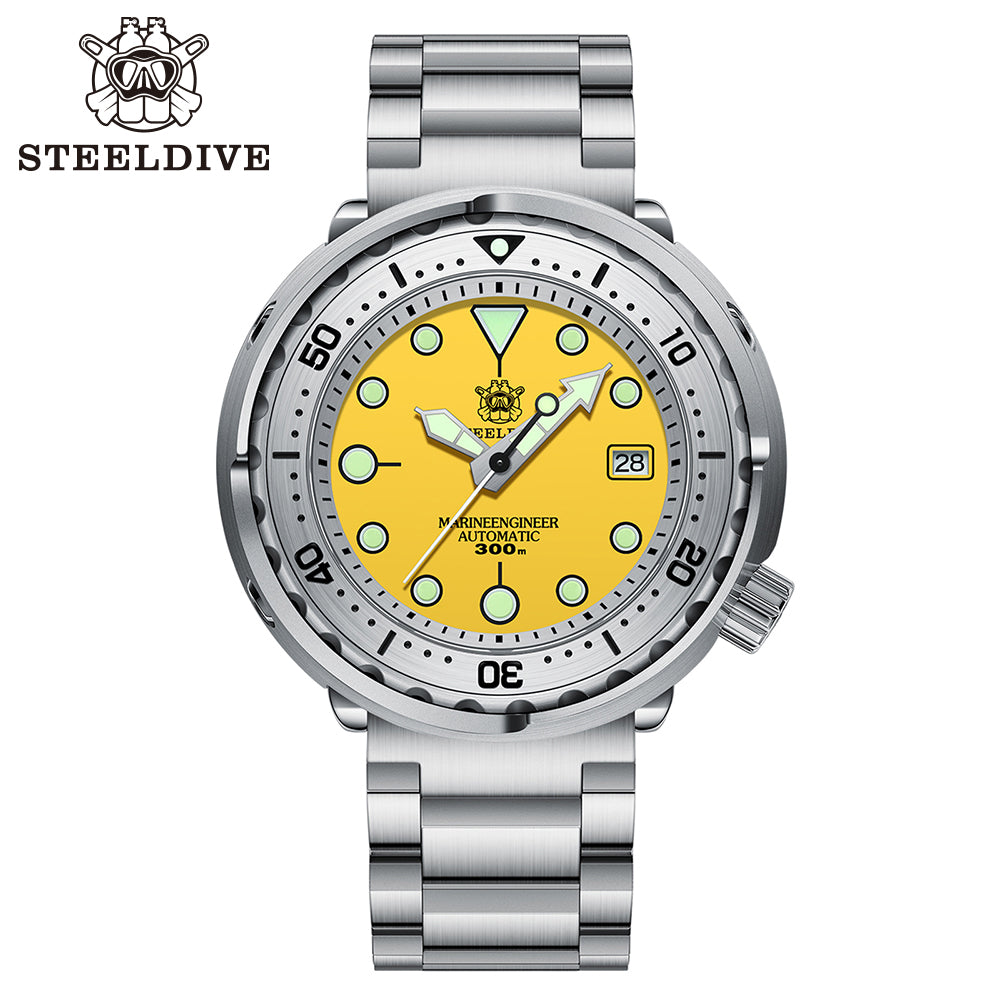 Steeldive SD1986 tuna dive watch with yellow dial and steel bracelet, front studio view