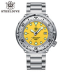 Steeldive SD1986 tuna dive watch with yellow dial and steel bracelet, front studio view