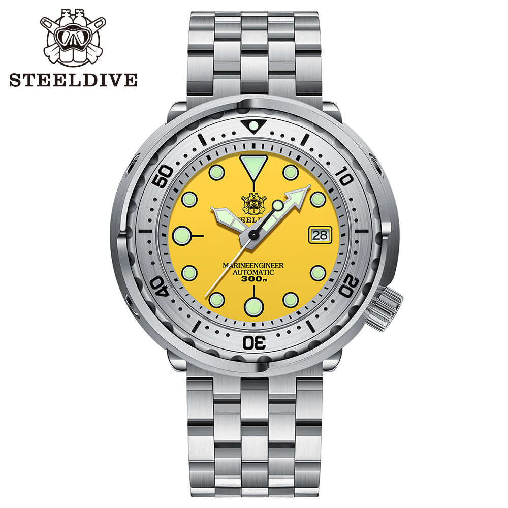Steeldive SD1986 tuna watch yellow dial steel bracelet variant, studio front shot