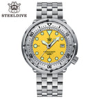 Steeldive SD1986 tuna watch yellow dial steel bracelet variant, studio front shot