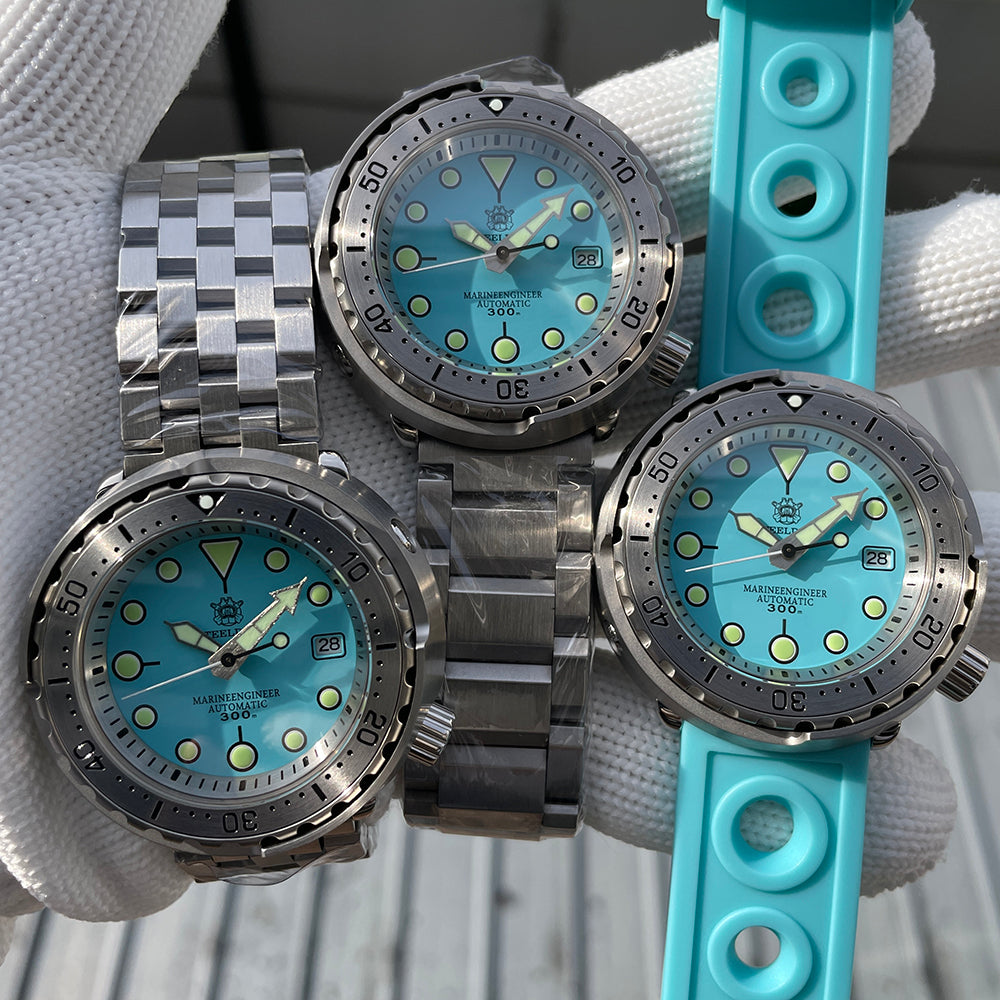Steeldive SD1986 tuna watch aqua dial trio with steel bracelet and turquoise rubber strap