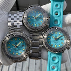 Steeldive SD1986 tuna watch aqua dial trio with steel bracelet and turquoise rubber strap