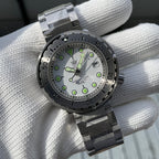 Steeldive SD1986 tuna watch white dial close-up showing applied indices and lume