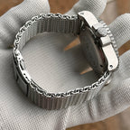 Steeldive SD1987 dive watch shark mesh steel bracelet with engraved caseback detail, angled view