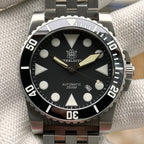 Steeldive SD1987 black dial close-up on stainless steel jubilee bracelet, BGW9 hands