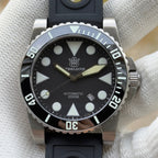 Steeldive SD1987 black dial macro on black rubber strap with ceramic bezel detail