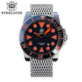Steeldive SD1987 2000m dive watch with orange dial and stainless mesh bracelet, front studio view
