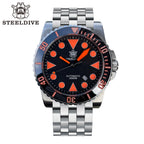Steeldive SD1987 2000m diver with orange accents on black dial and steel oyster bracelet, front view