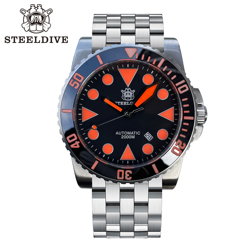 Steeldive SD1987 2000m diver with orange accents on black dial and steel oyster bracelet, front view