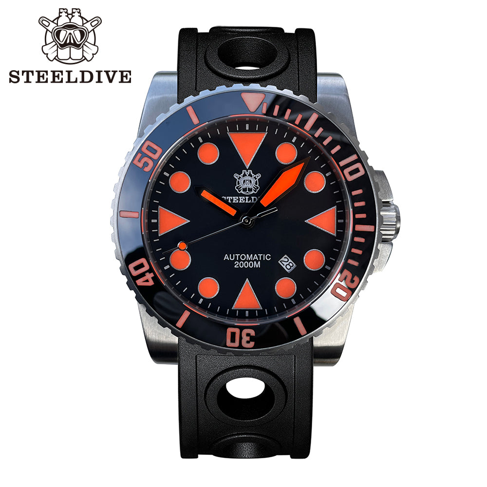 Steeldive SD1987 2000m diver with orange dial accents and black perforated rubber strap, front studio view