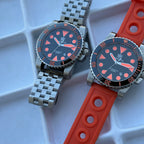 Steeldive SD1987 comparison of steel oyster and orange rubber strap configurations side by side