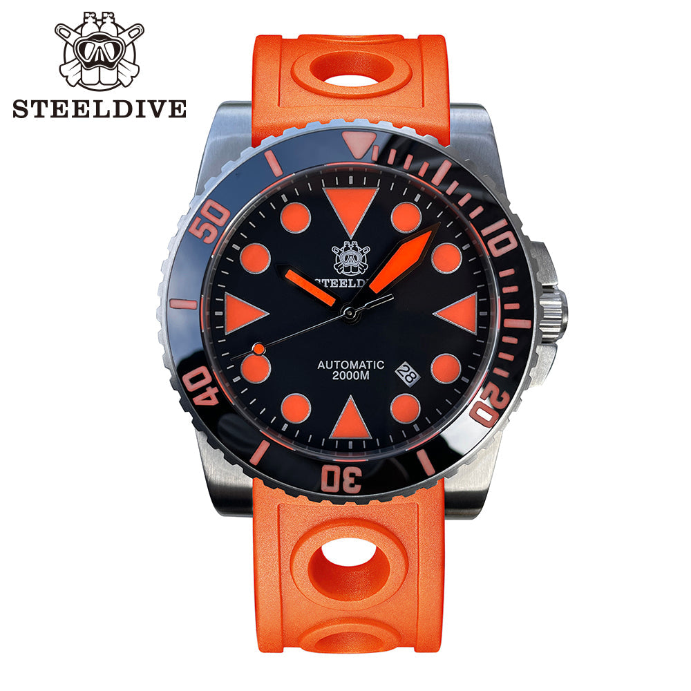 Steeldive SD1987 dive watch with orange dial accents and orange perforated rubber strap, front studio view