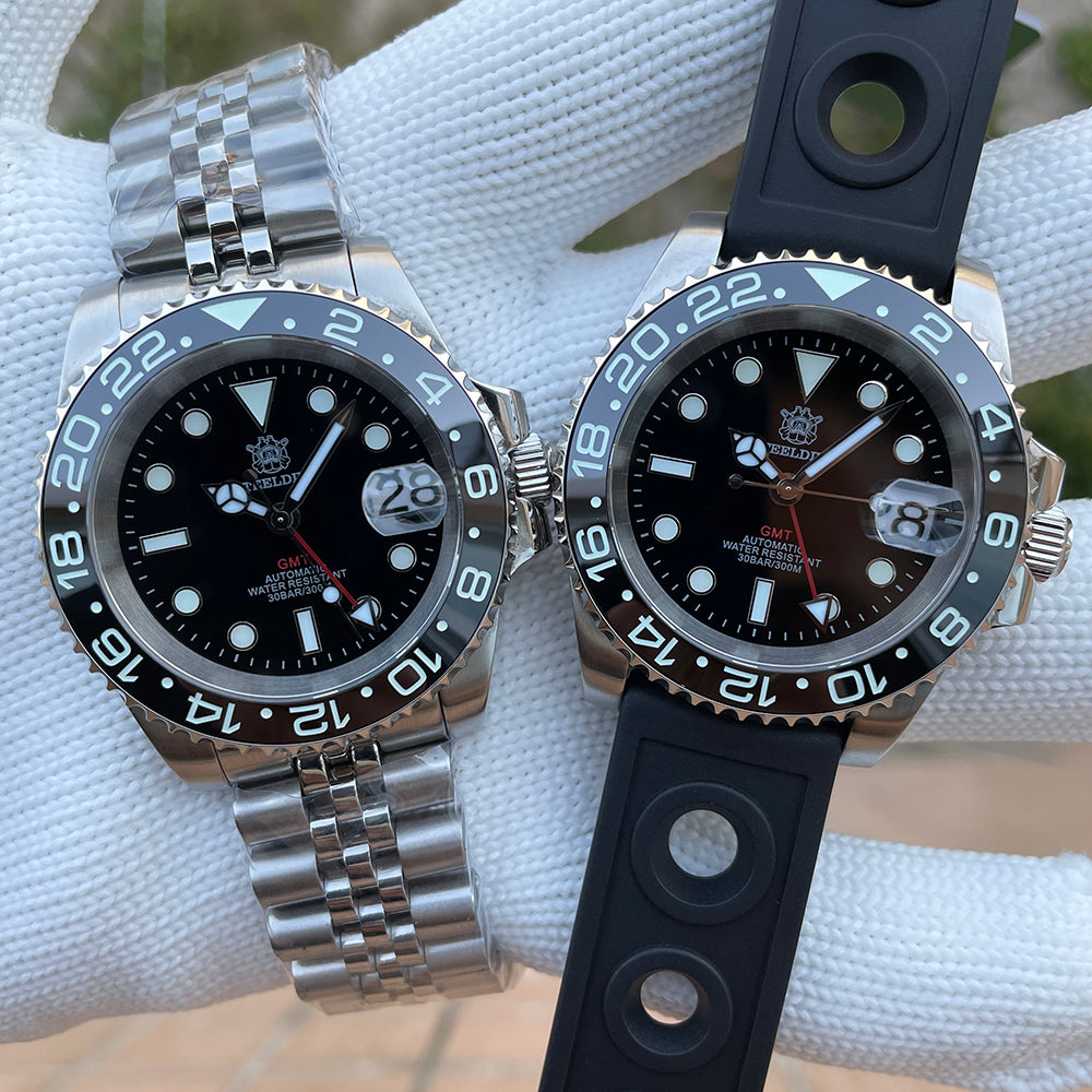 Steeldive SD1993 GMT two watches side by side on jubilee bracelet and black rubber strap, comparison shot