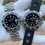 Steeldive SD1993 GMT two watches side by side on jubilee bracelet and black rubber strap, comparison shot