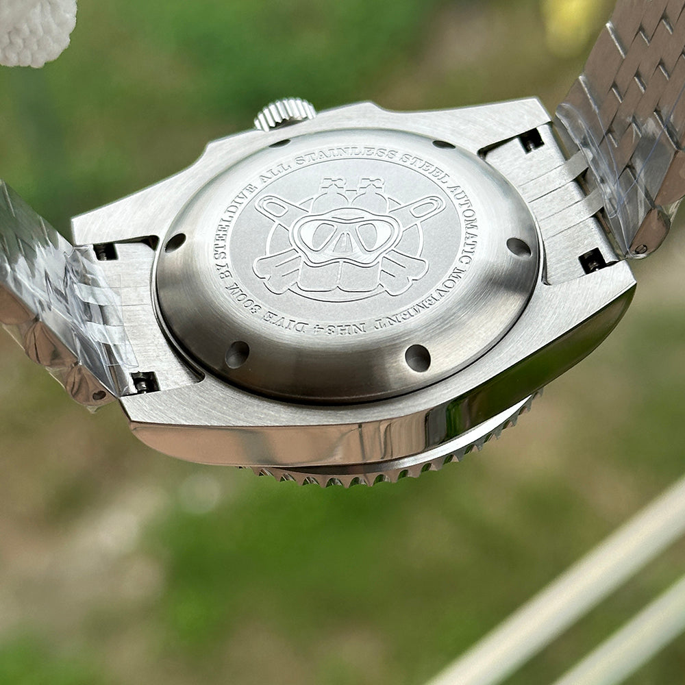 Steeldive SD1993 stainless steel caseback engraved with diver logo, NH34 movement, 300M rating