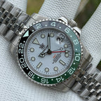 Steeldive SD1993 GMT dial macro with white face and black-green Sprite ceramic bezel, top view