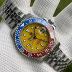 Steeldive SD1993 GMT watch with yellow dial and blue-red Pepsi bezel, steel jubilee bracelet front view