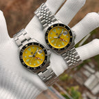 Steeldive SD1994 yellow dial GMT shown twice on oyster and jubilee bracelets side by side