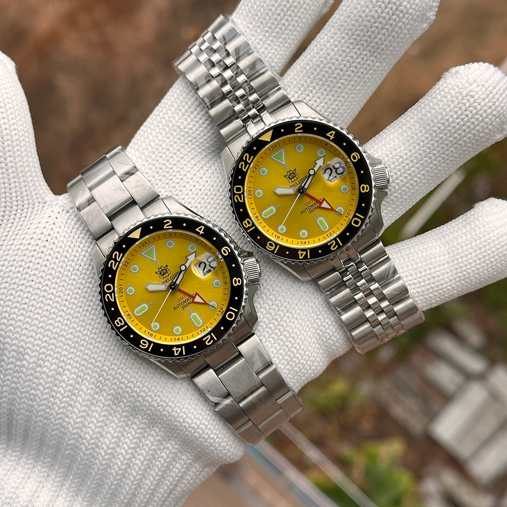Steeldive SD1994 yellow dial GMT shown twice on oyster and jubilee bracelets side by side