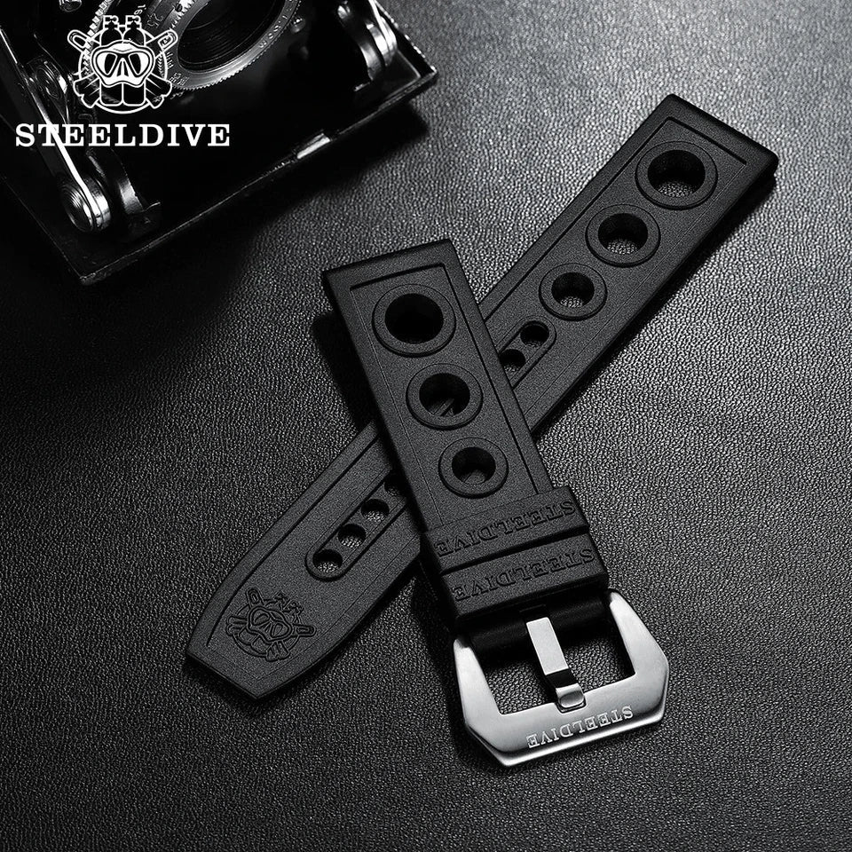 Steeldive perforated silicone dive strap in black with steel buckle detail