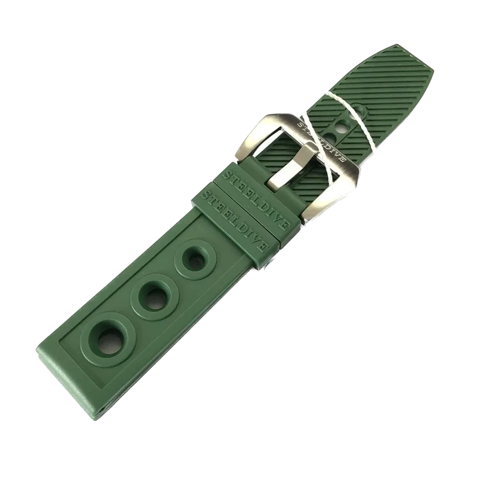 Steeldive perforated silicone dive strap in green, buckle closeup