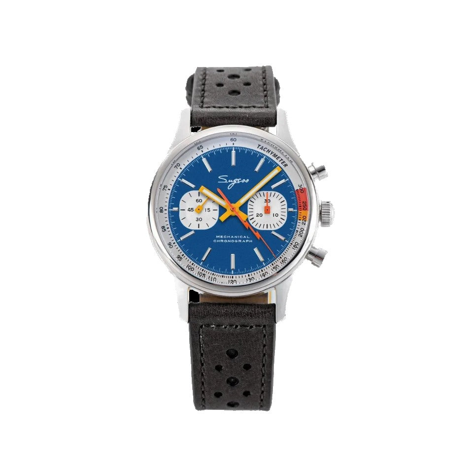 Sugess 1963 pilot chronograph blue dial on black leather rally strap