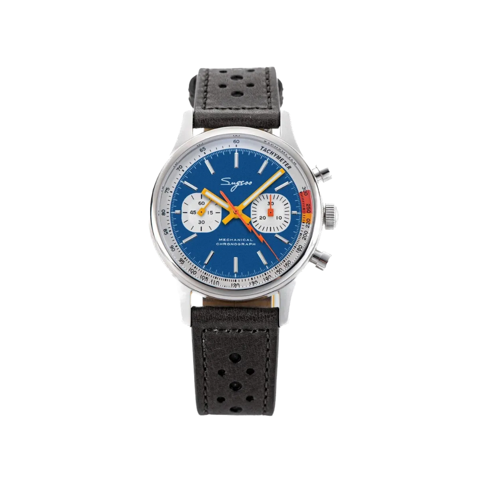 Sugess 1963 pilot chronograph blue dial on black leather rally strap