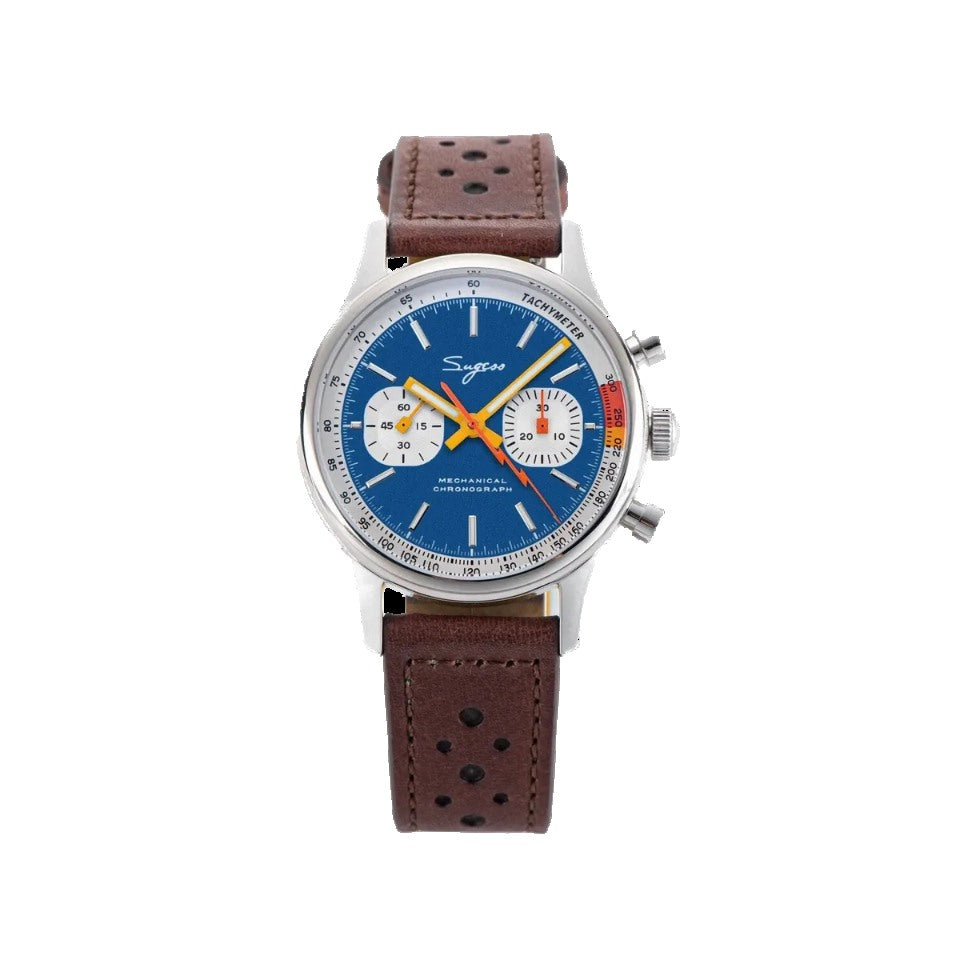Sugess 1963 pilot chronograph blue dial on brown leather strap, front