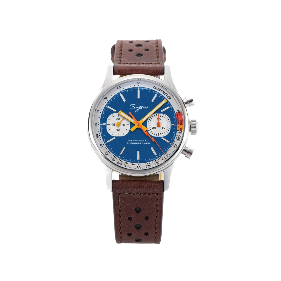 Sugess 1963 pilot chronograph blue dial on brown leather strap, front