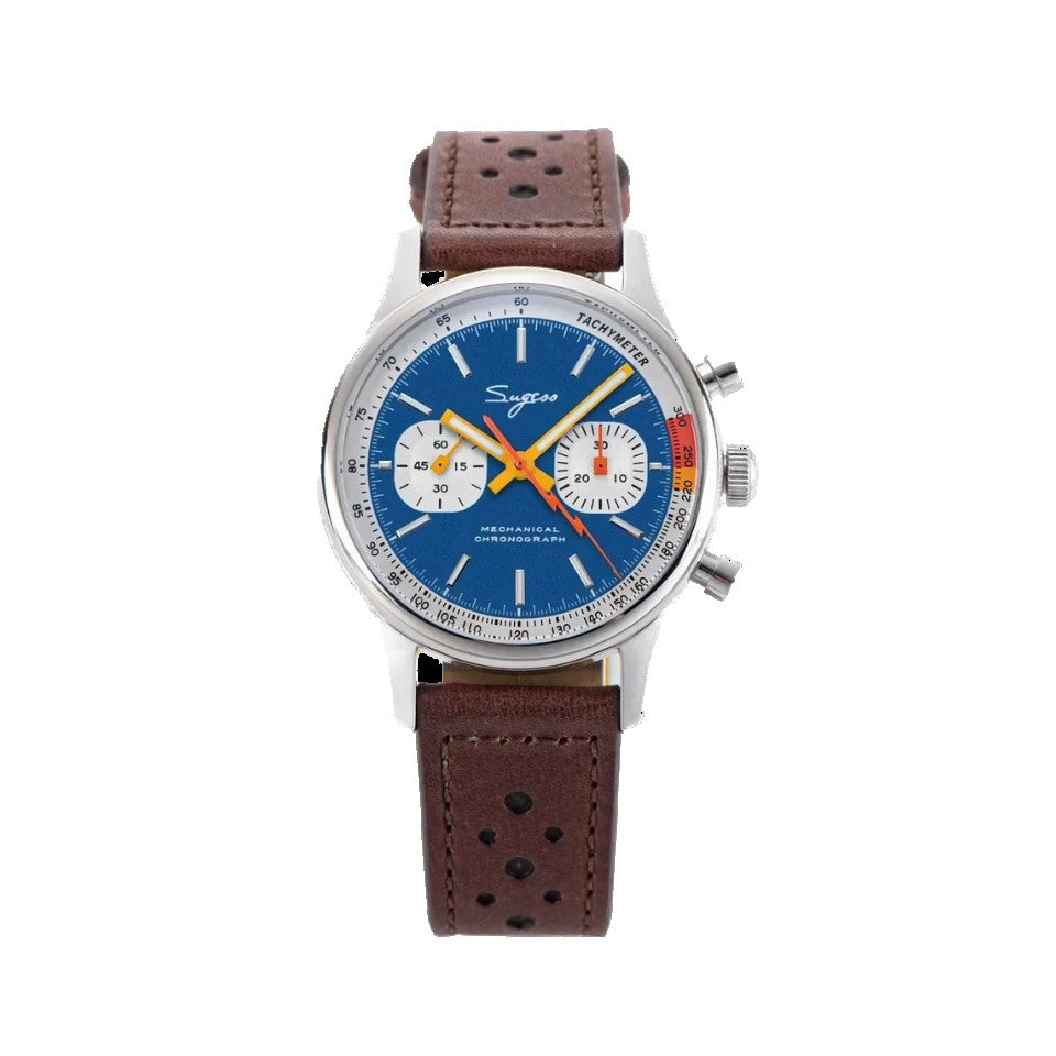 Sugess 1963 pilot chronograph blue dial on brown leather rally strap