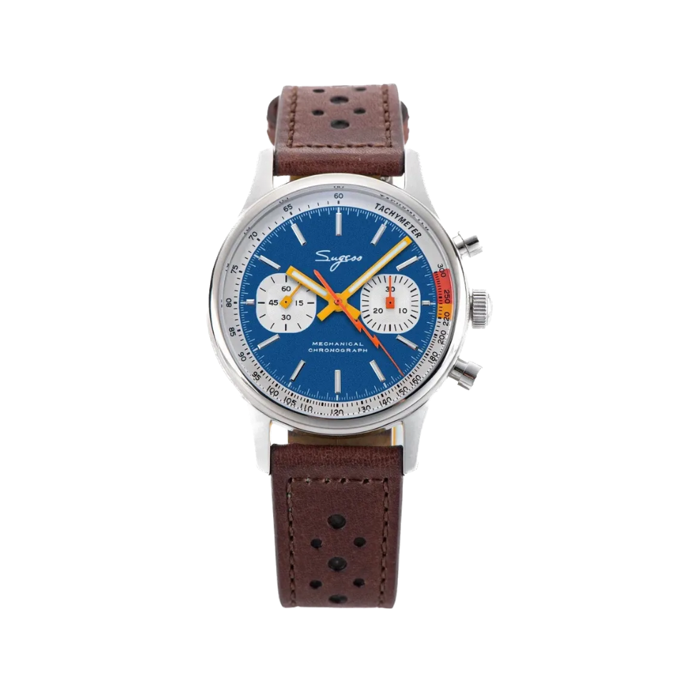Sugess 1963 pilot chronograph blue dial on brown leather rally strap