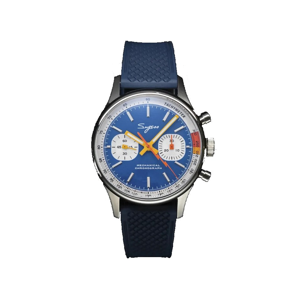 Sugess 1963 pilot chronograph blue dial on navy rubber strap, front