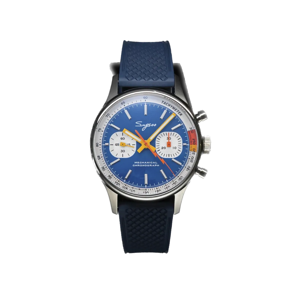 Sugess 1963 pilot chronograph blue dial on navy rubber strap, front