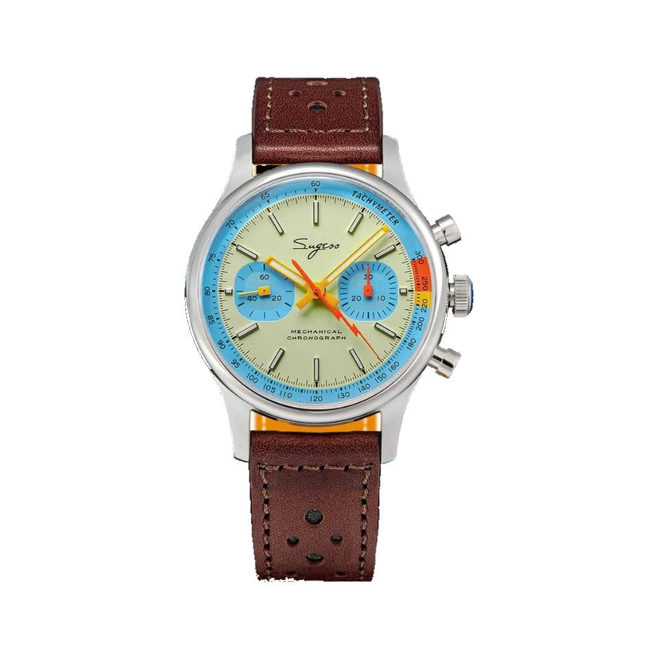 Sugess 1963 pilot chronograph cream dial blue ring on brown leather, front