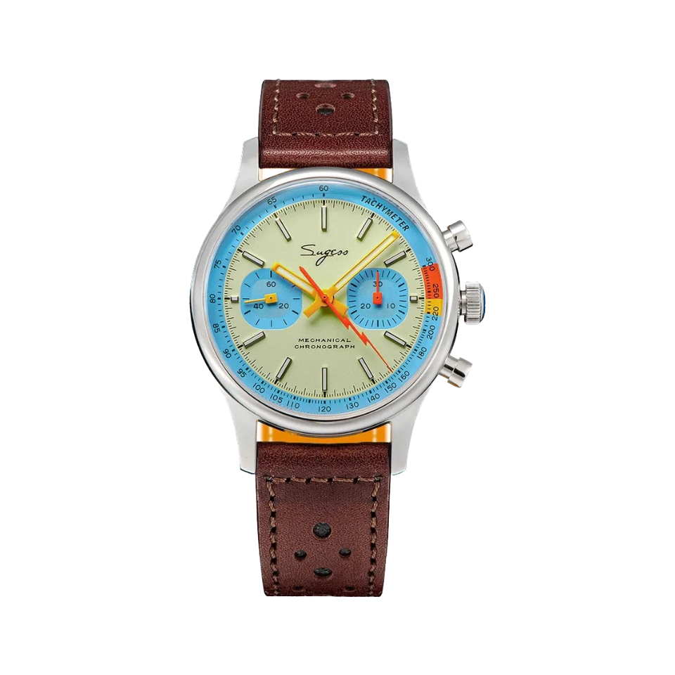 Sugess 1963 pilot chronograph cream dial blue ring on brown leather, front