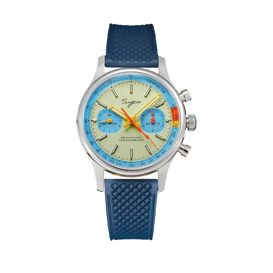 Sugess 1963 pilot chronograph cream dial blue ring on navy rubber strap