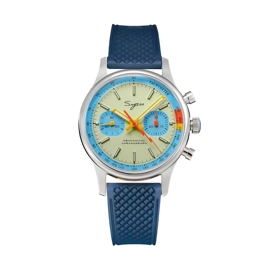 Sugess 1963 pilot chronograph cream dial blue ring on navy rubber strap