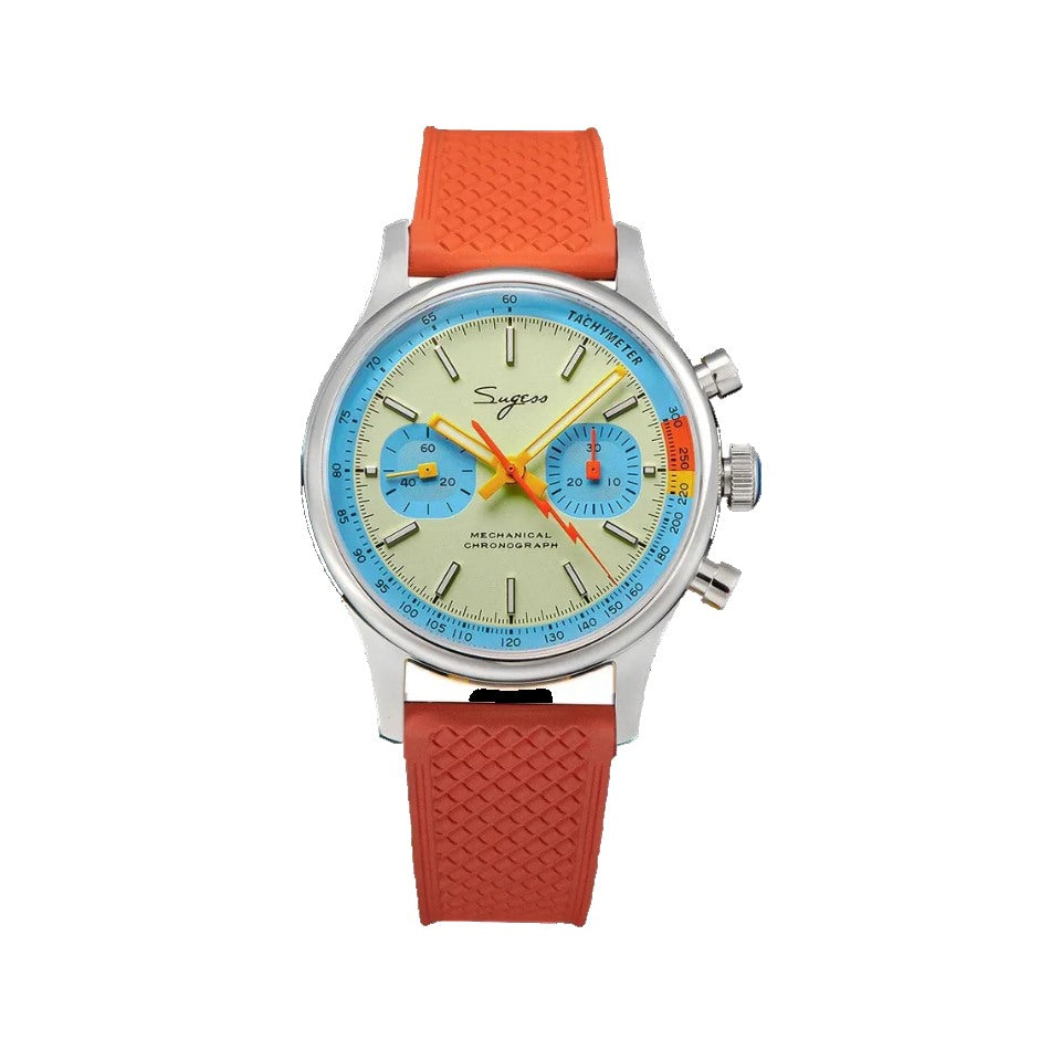 Sugess 1963 pilot chronograph cream dial blue ring on orange rubber