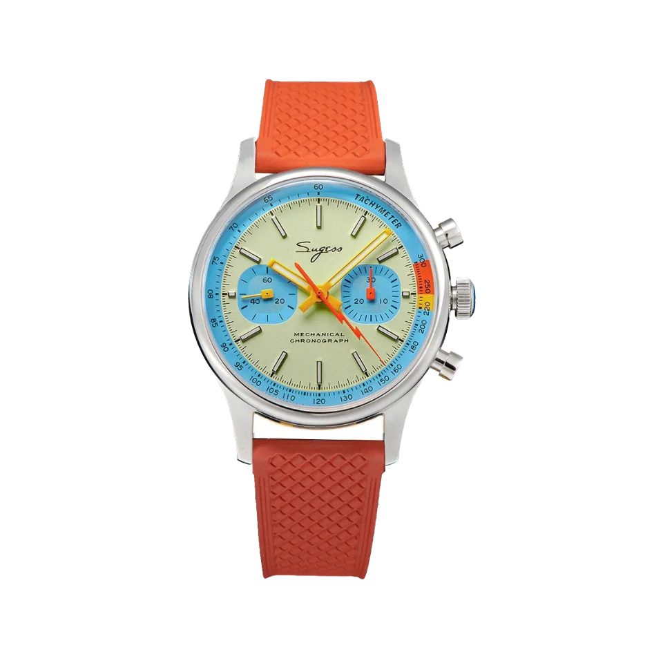 Sugess 1963 pilot chronograph cream dial blue ring on orange rubber