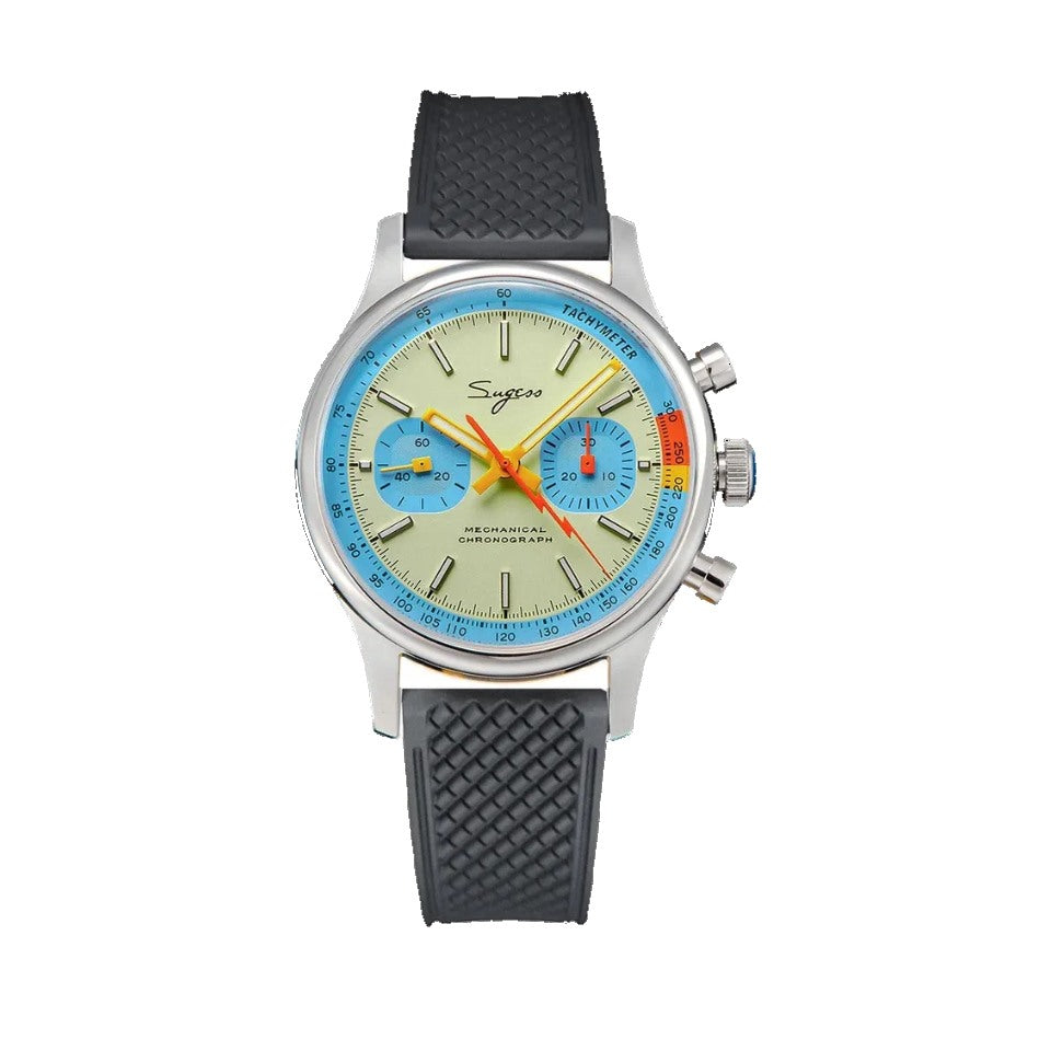 Sugess 1963 pilot chronograph cream dial blue ring on black rubber, front